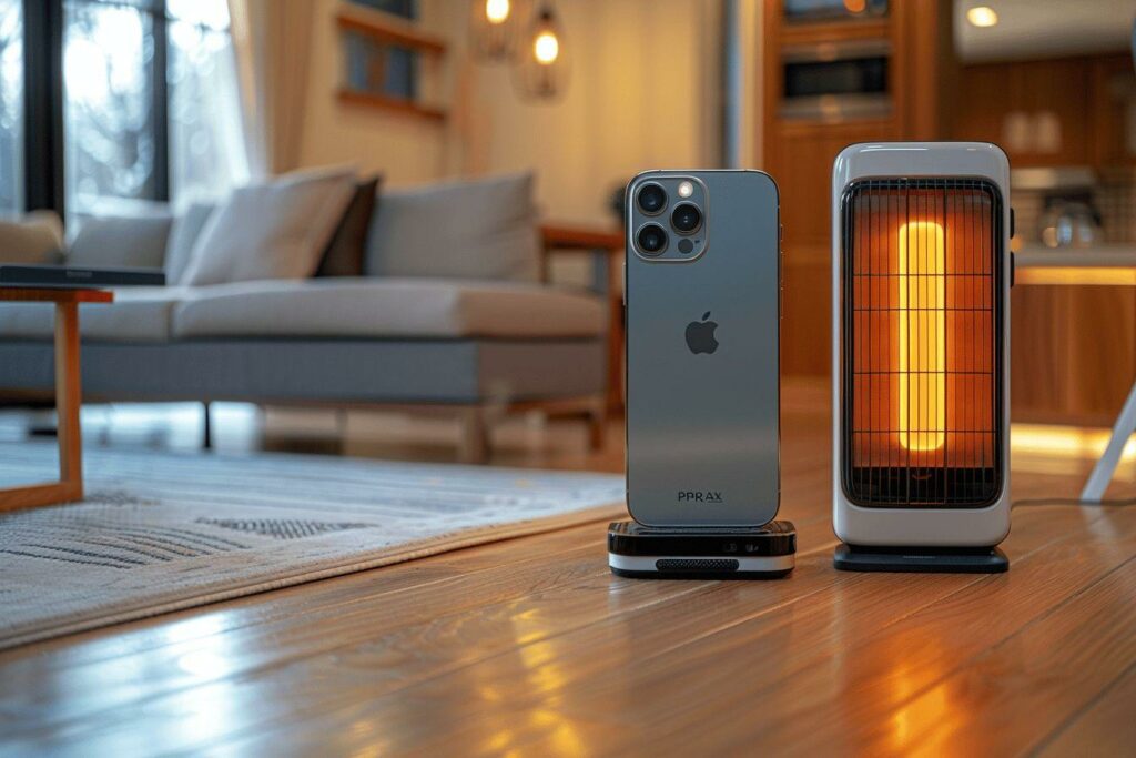 Un téléphone portable et un radiateur électrique sur un sol en bois, dans un salon confortable.