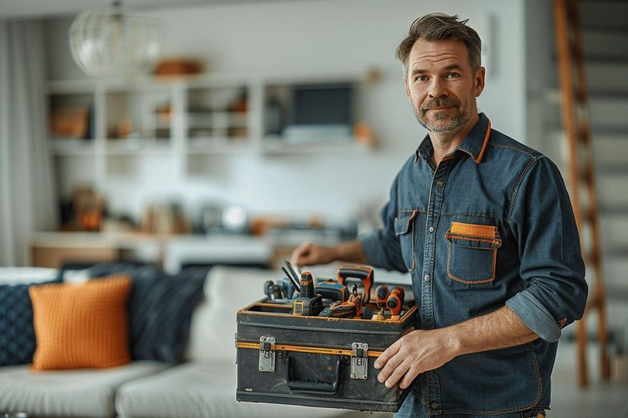 Un homme souriant tenant une boîte à outils remplie d'outils dans un atelier domestique